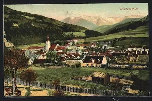 AK Mürzzuschlag, Ortsansicht mit Kirche und Bergen