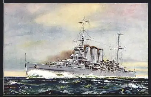 Künstler-AK HMS Cumberland in voller Fahrt