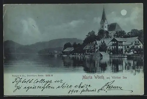 Mondschein-AK Maria Wörth am Wörther See, Uferpartie mit Kirche