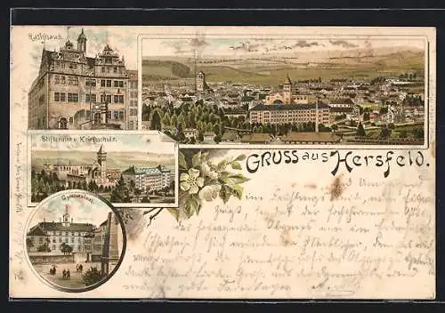 Lithographie Hersfeld, Gesamtansicht, Rathhaus, Stiftsruine und Kriegsschule, Gymnasium