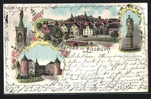 Lithographie Laubach / Hessen, Krieger-Denkmal, Ortspartie, Ortsansicht mit Brücke