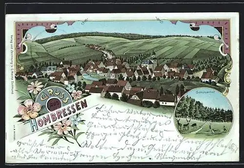 Lithographie Hombressen, Schützenhof, Ortsansicht aus der Vogelschau