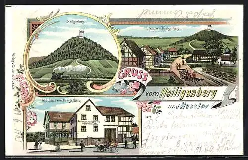 Lithographie Hesslar / Felsberg, Gasthaus zum Heiligenberg, Ortsansicht mit Heiligenberg