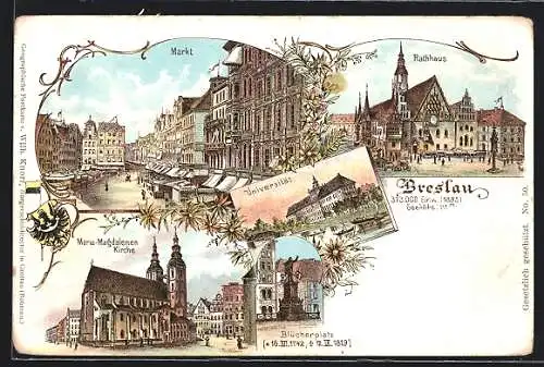 Lithographie Breslau, Markt, Maria-Magdalenen Kirche, Universität, Blücherplatz, Rathaus