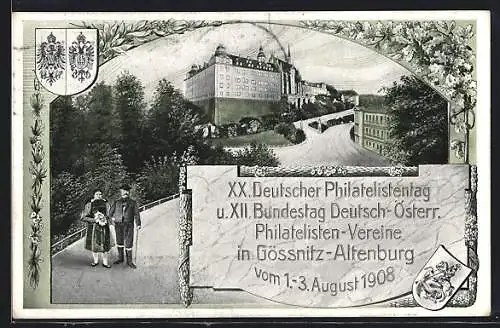 AK Gössnitz-Altenburg, 20. Deutscher Philatelistentag u. 12. Bundestag Dt.-Österr. Philatelisten-Vereine 1908, Ganzsache