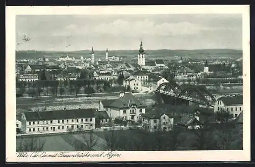 AK Wels, Ortsansicht mit Traunbrücke und Aigen