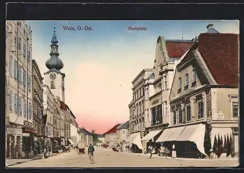 AK Wels, Stadtplatz mit Geschäften