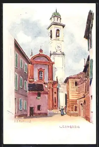 Künstler-AK Cernobbio, Strassenpartie mit Blick zur Kirche