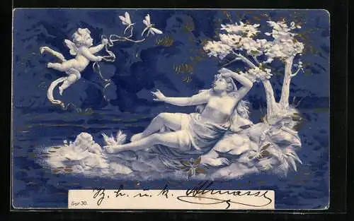 Lithographie Junge Frau in Landschaft, Engel und Libellen, Jugendstil