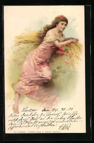 Künstler-AK Frau im leichten Kleid mit Blüte im Haar, Jugendstil