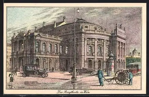 Künstler-AK Wien, K. K. Hofburgtheater, Auto und Litfasssäule