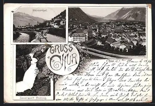 Lithographie Chur, Stadtansicht aus der Vogelschau, Plessurthal, Sauerquell Passug