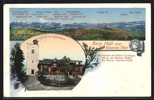 AK Schutzhaus Eisernes Tor am Hohen Lindkogel, Gasthaus mit Aussichtsturm, Bergpanorama