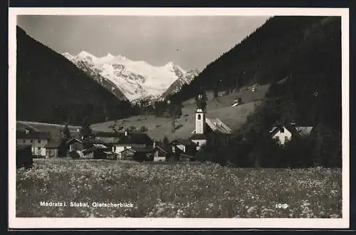 AK Medratz i. Stubai, Gletscherblick mit Kirche