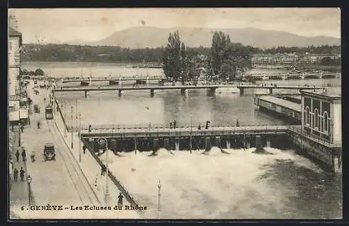 AK Genève, Les Ecluses du Rhône, Strassenbahn