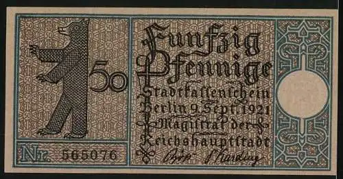 Notgeld Berlin 1921, 50 Pfennig, Hallesches Tor im Jahre 1845, Berliner Bär