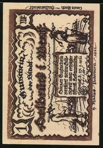 Notgeld Delbrück i. Westf. 1921, 1 Mark, Frau in Tracht, Gutschein