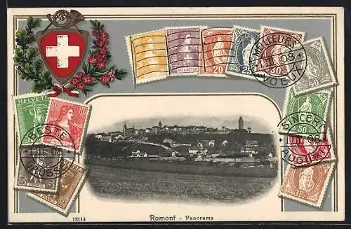 AK Romont, Panorama der Stadt mit Wappen und Briefmarken