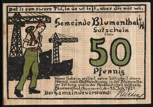 Notgeld Blumenthal i. H. 1921, 50 Pfennig, Arbeiter am Industriehafen