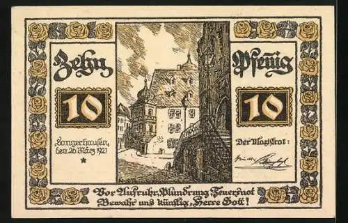 Notgeld Sangerhausen 1921, 10 Pfennig, Ortspartie, Rosenblüten