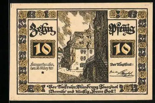 Notgeld Sangerhausen 1921, 10 Pfennig, Blick in eine Strasse