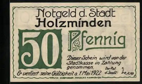 Notgeld Holzminden, 50 Pfennig, Ortspartie mit einem Wagen voll Heu