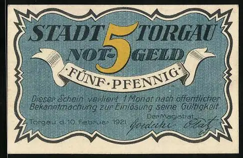 Notgeld Torgau 1921, 5 Pfennig, Der Kurfürst in Rüstung