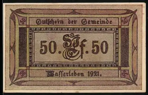 Notgeld Wasserleben 1921, 50 Pfennig, Kirche, Bürger in Tracht