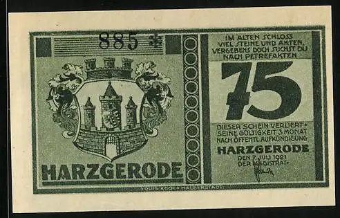 Notgeld Harzgerode 1921, 75 Pfennig, Das Schloss, Stadtwappen