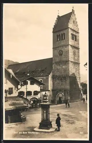 AK Zell am See, Stadtplatz mit Wettersäule