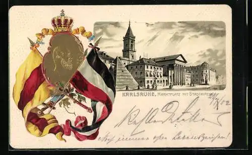 Passepartout-Lithographie Karlsruhe, Marktplatz mit Stadtkirche, Portrait des Königs