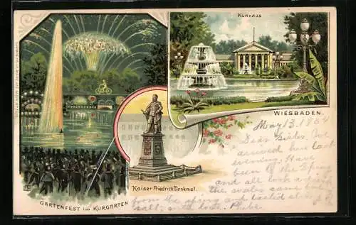 Lithographie Wiesbaden, Kaiser Friedrich-Denkmal, Gartenfest im Kurgarten, Kurhaus