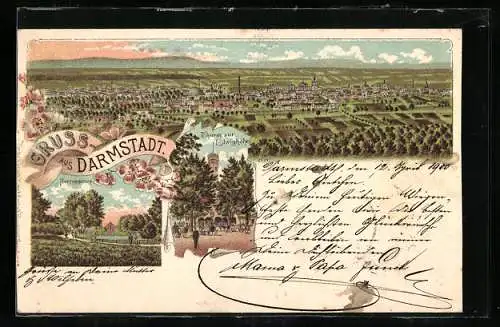 Lithographie Darmstadt, Panorama, Herrengarten, Turm auf der Ludwighöhe