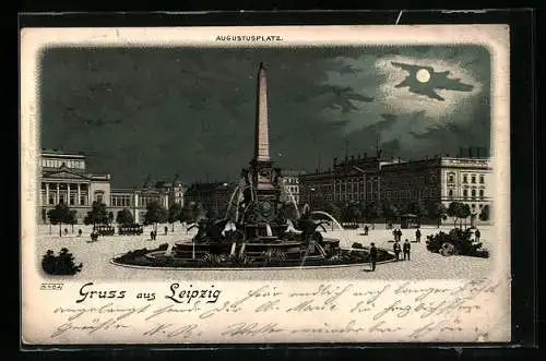 Mondschein-Lithographie Leipzig, Augustusplatz mit Obeliskendenkmal