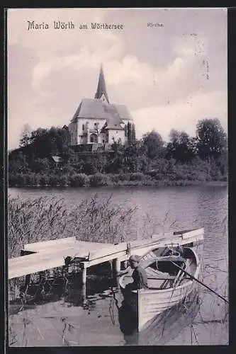 AK Maria Wörth am Wörthersee, Kirche und Ruderboot