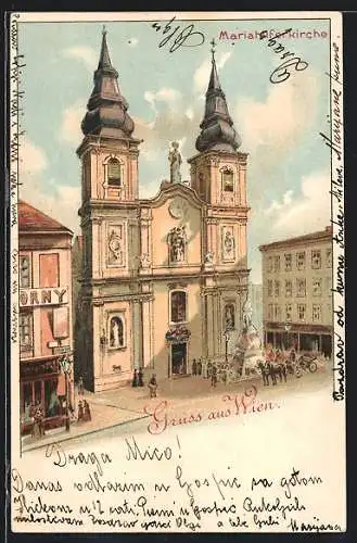 Lithographie Wien, Mariahilferkirche mit Denkmal