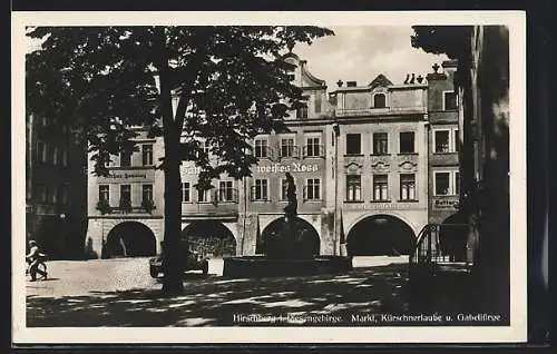 AK Hirschberg i. Riesengebirge, Gasthaus weisses Ross am Markt, Kürschnerlaube u. Gabeljürge