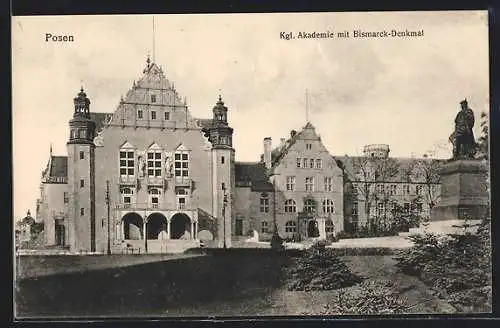 AK Posen, Kgl. Akademie mit Bismarck-Denkmal
