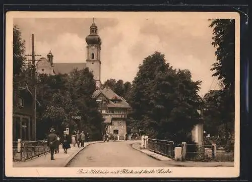 AK Bad Altheide, Strassenpartie mit Blick auf kath. Kirche