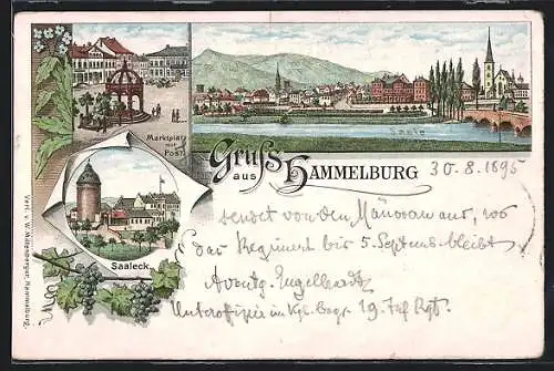 Vorläufer-Lithographie Hammelburg, 1895, Teilansicht, Marktplatz mit Post, Saaleck