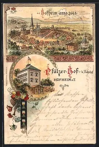 Lithographie Hofheim a. T., Hotel Pfälzer Hof b. Bahnhof, Teilansicht anno 1643