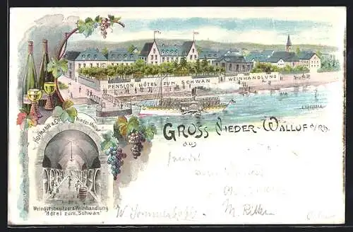 Lithographie Nieder-Walluf /Rhein, Uferpartie, Pension-Hotel zum Schwan, Weinhandlung