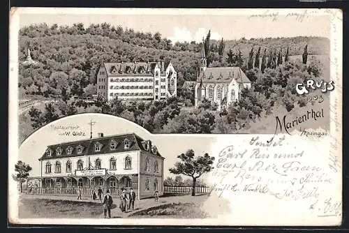 Lithographie Marienthal i. Rheingau, Die Kirche, das Restaurant Gietz