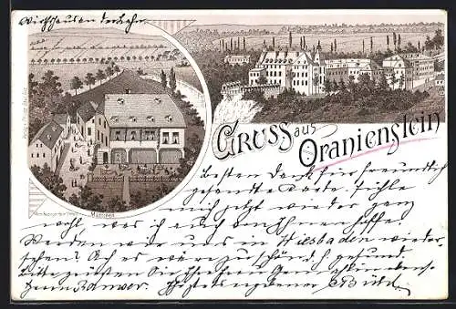 Lithographie Oranienstein, Ortsansicht, Das Gasthaus Mühlchen