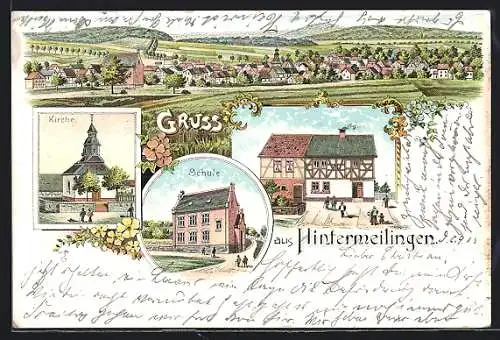 Lithographie Hintermeilingen, Ortsansicht mit Kirche, Schule