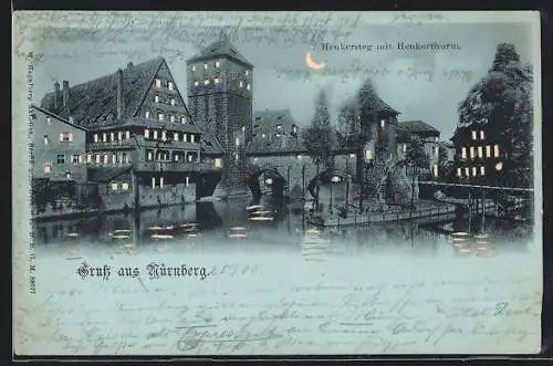 AK Nürnberg, Henkersteg mit Henkerthurm, beleuchtete Fenster, Halt gegen das Licht
