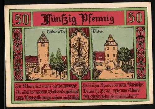 Notgeld Aken /Elbe 1921, 50 Pfennig, Cöthener Tor und Elbtor