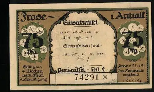 Notgeld Frose in Anhalt 1921, 75 Pfennig, Einsatzrätsel 2, Namensgeschichte der Ortschaft