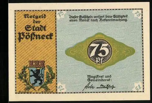 Notgeld Pössneck, 75 Pfennig, Ortsansicht mit Strommasten