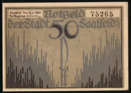 Notgeld Saalfeld /Saale 1921, 50 Pfennig, Feengrotte, Stadtwappen